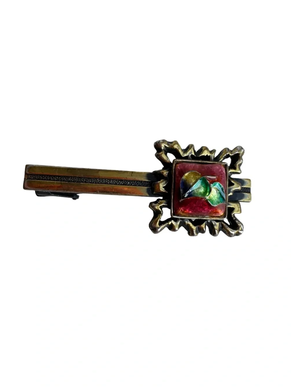 Vintage Japanese Cloisonne Tie Clip Red Green Enamel Floral Ornate Bar 2.25in